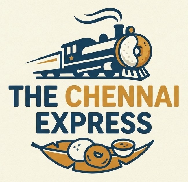 The Chennai Express logo: a steam train with an idli on its front, above a banana leaf with idli, vada and chutney